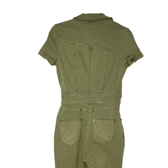 Urban Outfitters Emma Denim Flared Jumpsuit Women S Olive Green Utility Stretch - Picture 6 of 12